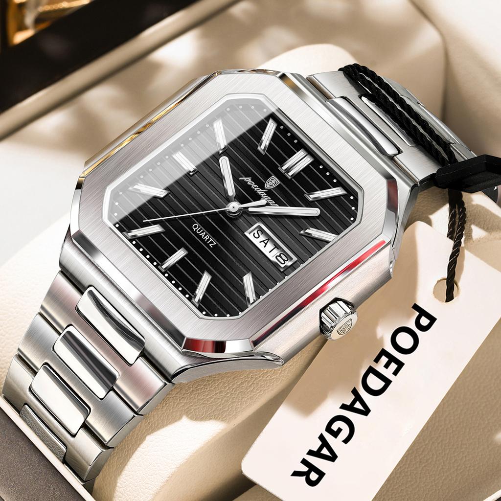 POEDAGAR Luxury Square Fashion Man Wristwatch Waterproof Luminous Date Week Quartz Watches Stainless Steel Watch