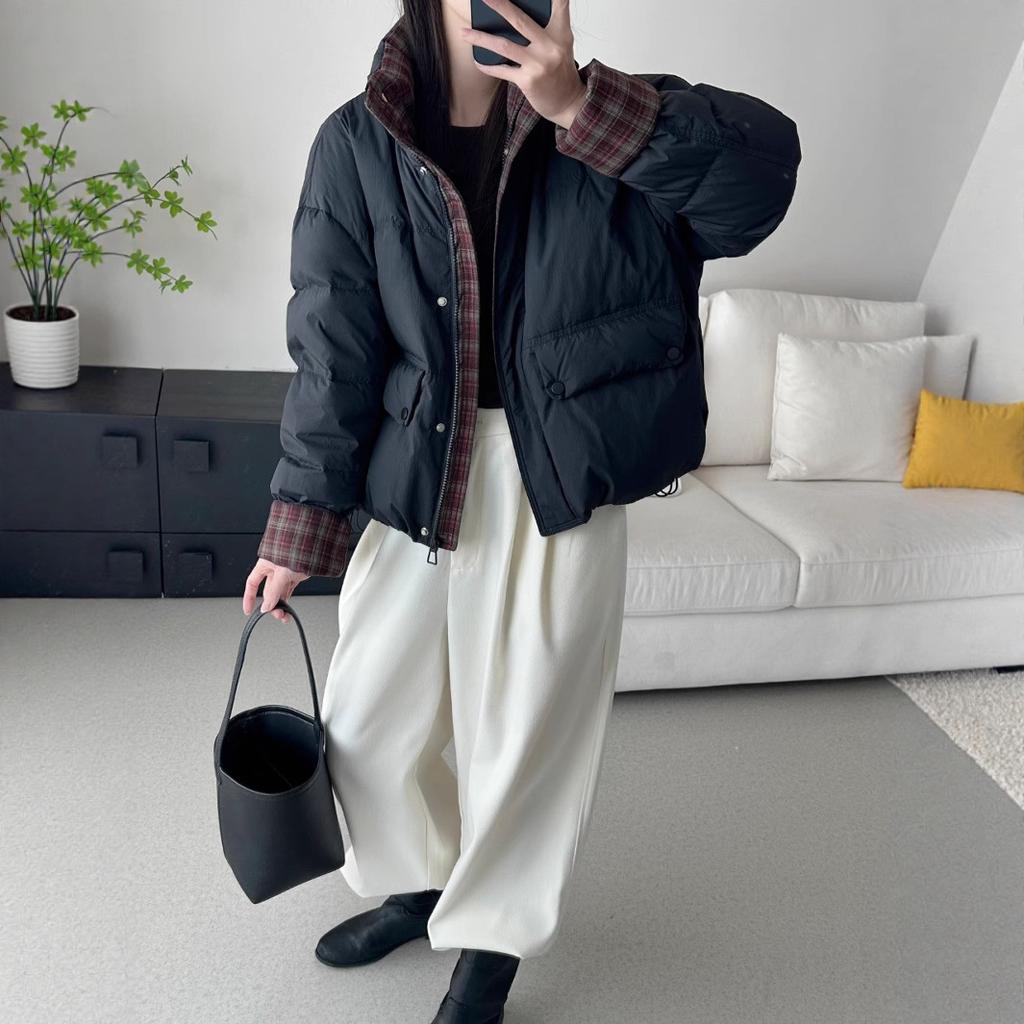 Premium stand-up collar short down jacket women's white duck down winter retro plaid splicing thickened bread jacket