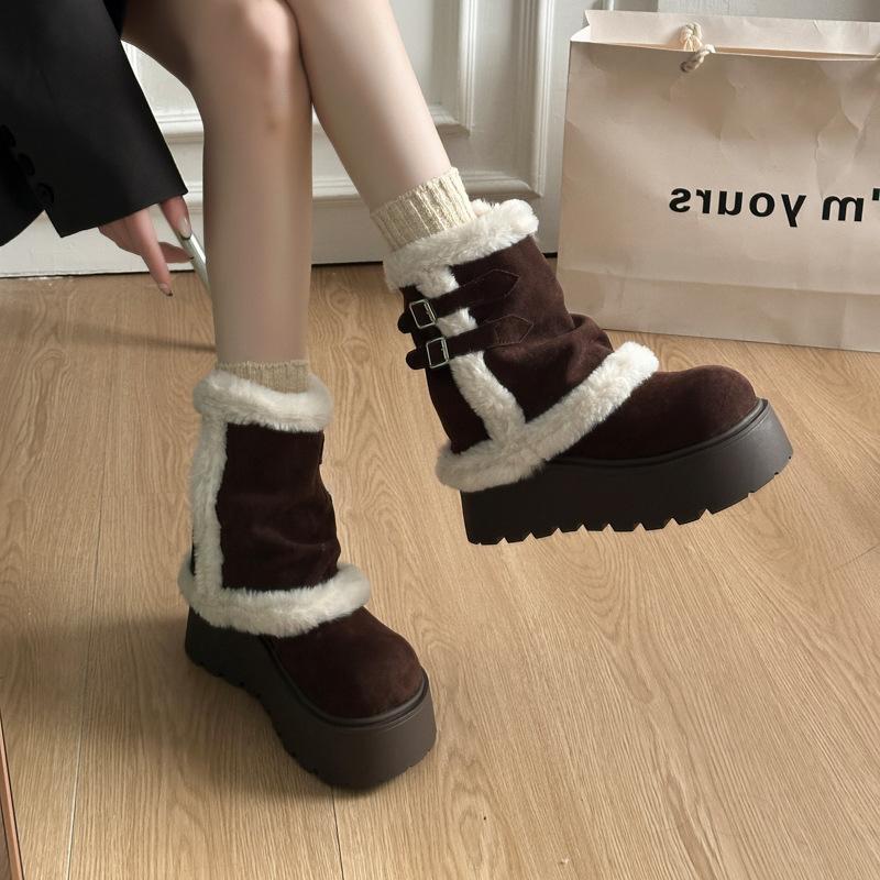 White thick-soled heightening piled thickened snow boots women's new winter warm Northeast fluffy cotton shoes