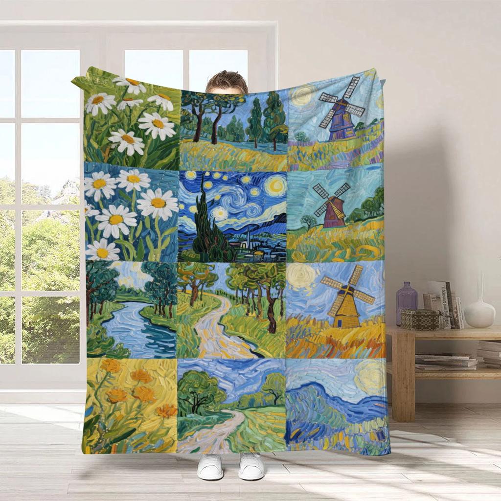 Van Gogh's Checkered Theme polyester Bedroom velvet flannel soft sofa cover blanket Fleece soft sofa cover blankets for beds