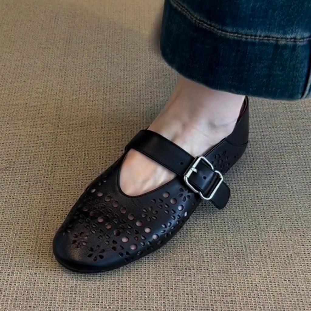 Bohemian hollow single shoes women's gentle hole shoes late evening breeze grandma shoes leather flat-soled French Mary Jane shoes