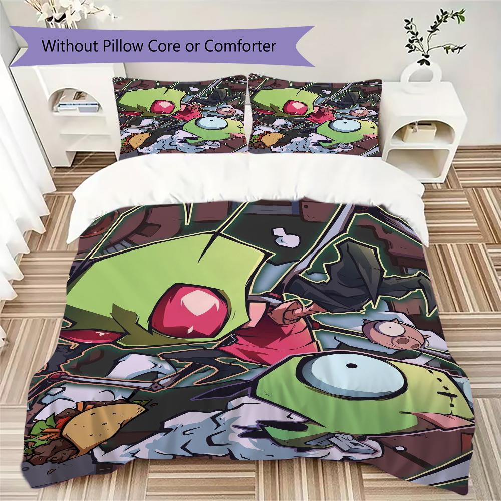 Invader Zim Pattern Bedding,Quilt Set Quilt Cover Pillowcase Home Birthday Gift(1 * duvet cover + 2 * pillowcase, without core)_lx