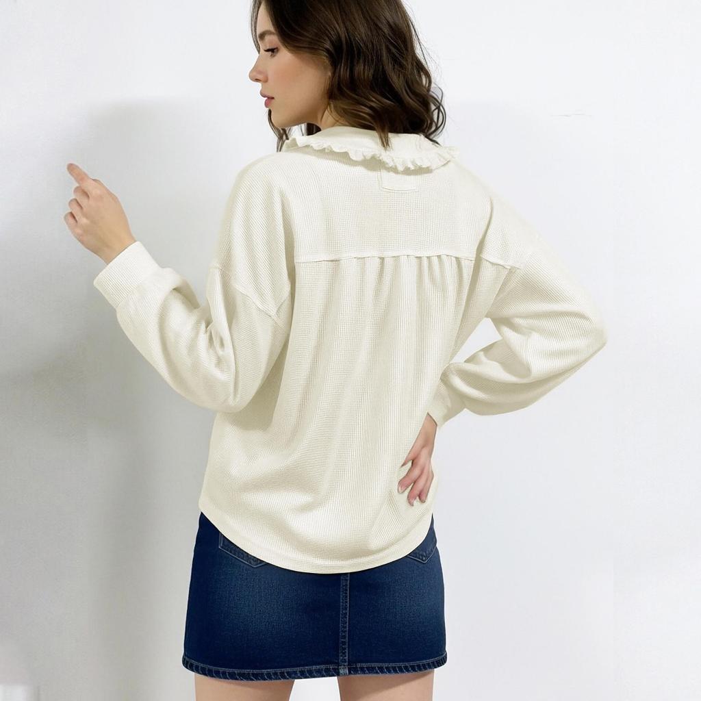European & American Sweet Style Doll Collar Waffle Knit Long Sleeve Women's Shirt - New Spring Solid Color Design