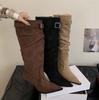 Sexy Pointed Suede Pleated Piled Boots Women's High Heel Fashion Belt Buckle Tall Thin Boots Thin Heel European and American Boots