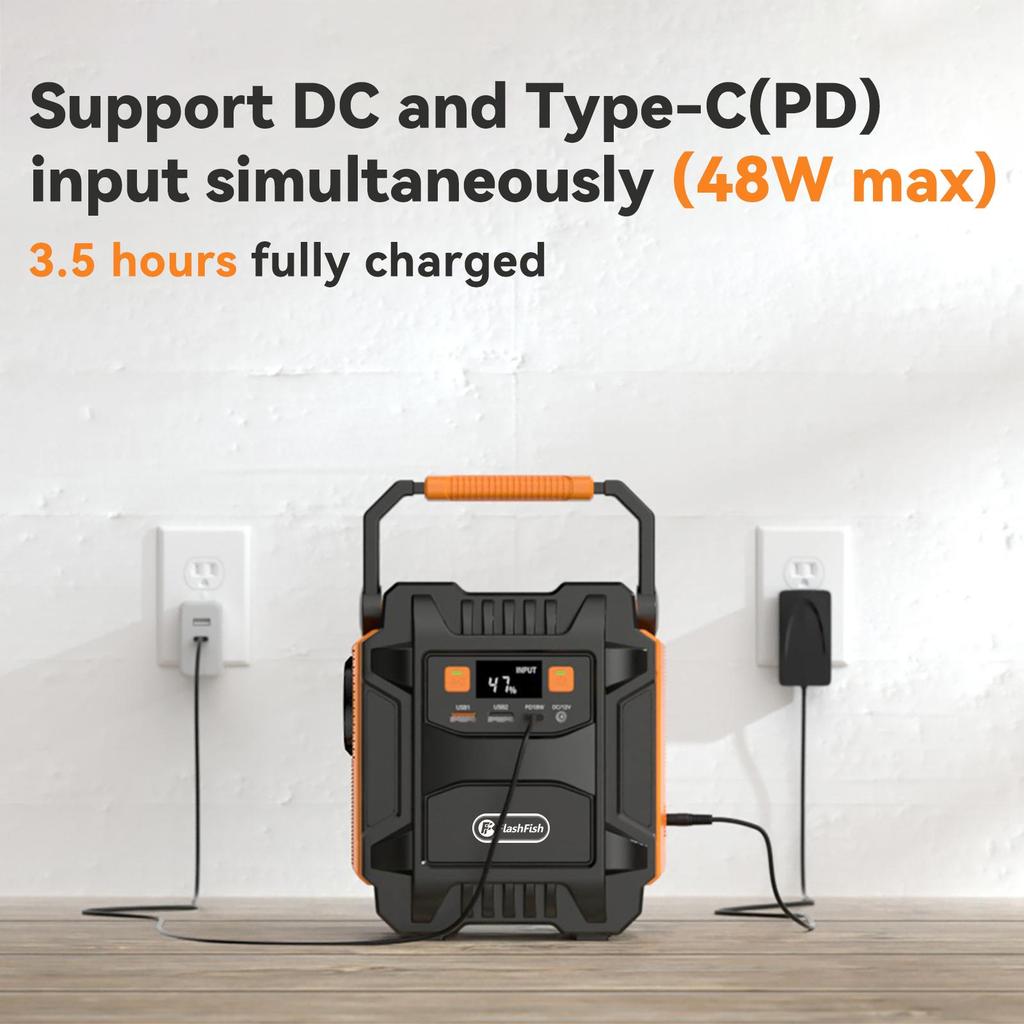 Flashfish A201 200W Draagbaar Energie Station, 172.8WH/48000mAh Zonne-Generator Reserve Batterijpakket, 5 Uitgangen – USB-C PD18W & QC3.0, LED-lamp