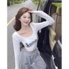 Printed shoulder big U-neck low-cut long-sleeved T-shirt female slim slim slim sweet Spice girl short navel tight niche top