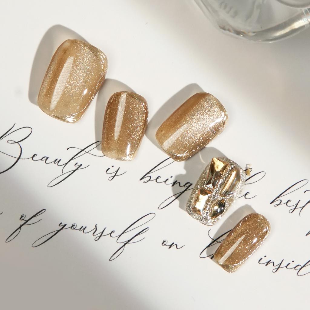 New Style Champagne Gold Cat Eye Pure Handmade Armor Short Square Head Wear Armor Flash Luxury Accessories Transparent Box Packaging