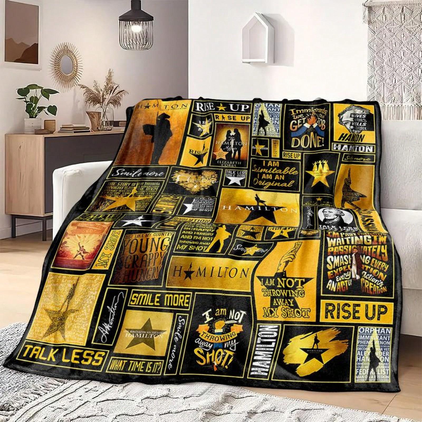 1pc Hamilton Musical Quotes Collage Flannel Blanket, 2D Flat Print, All-Season, Broadway Fan Throw for Bedroom, Living Room, Cam 75x90cm