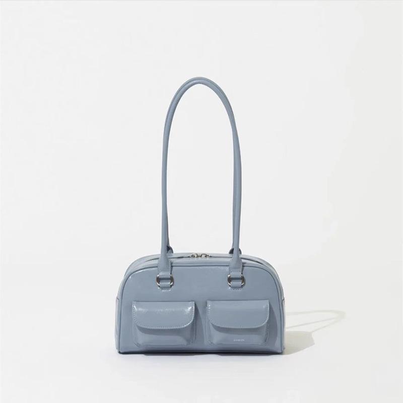 Korean Retro Wax Leather Bowling Shoulder Bag with Multi-Pockets