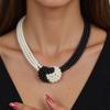 Women's Chic Layered Elegant Black & White Beaded Pearl Necklace Black and White Yin Yang Knotted Design Statement Jewelry