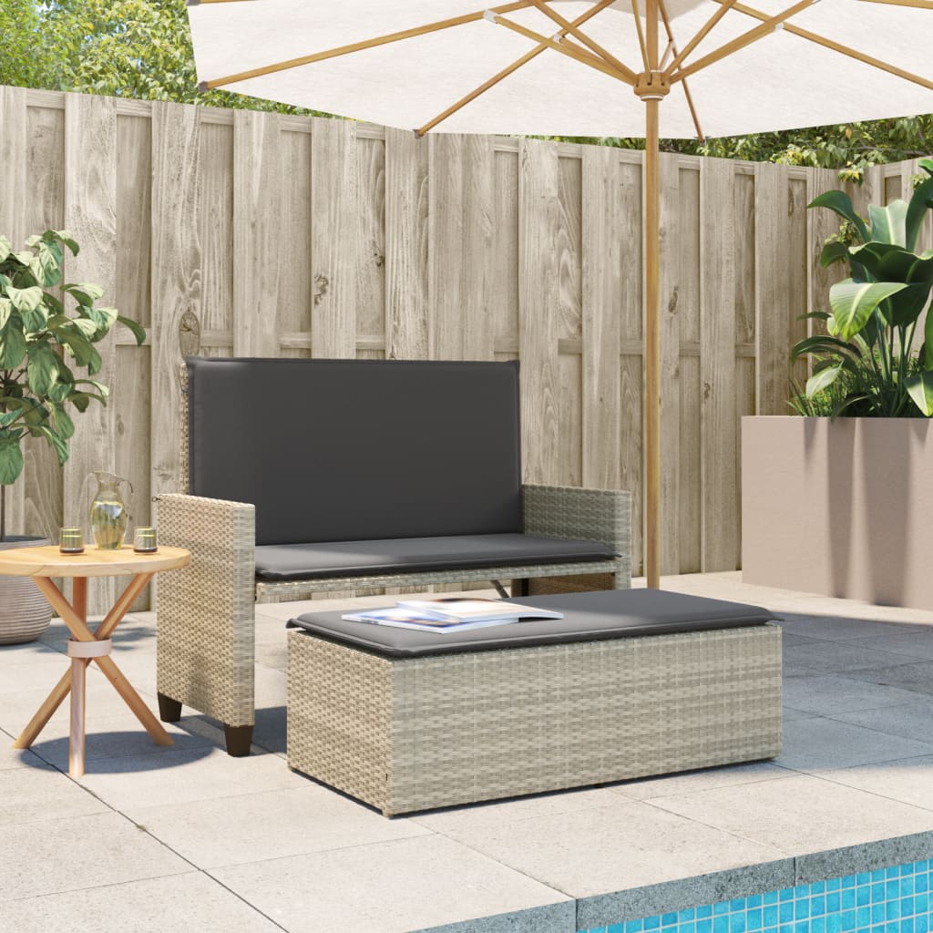 Garden Bench with Cushions and Footstool Light Grey Poly Rattan