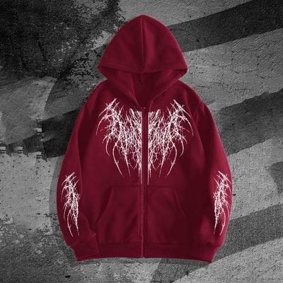 Zip-Up Hoodie, Dark Gothic Thorn Print Zip-Up Hoodie for Men and Women, Hip-Hop High-Street Oversized Casual Cardigan