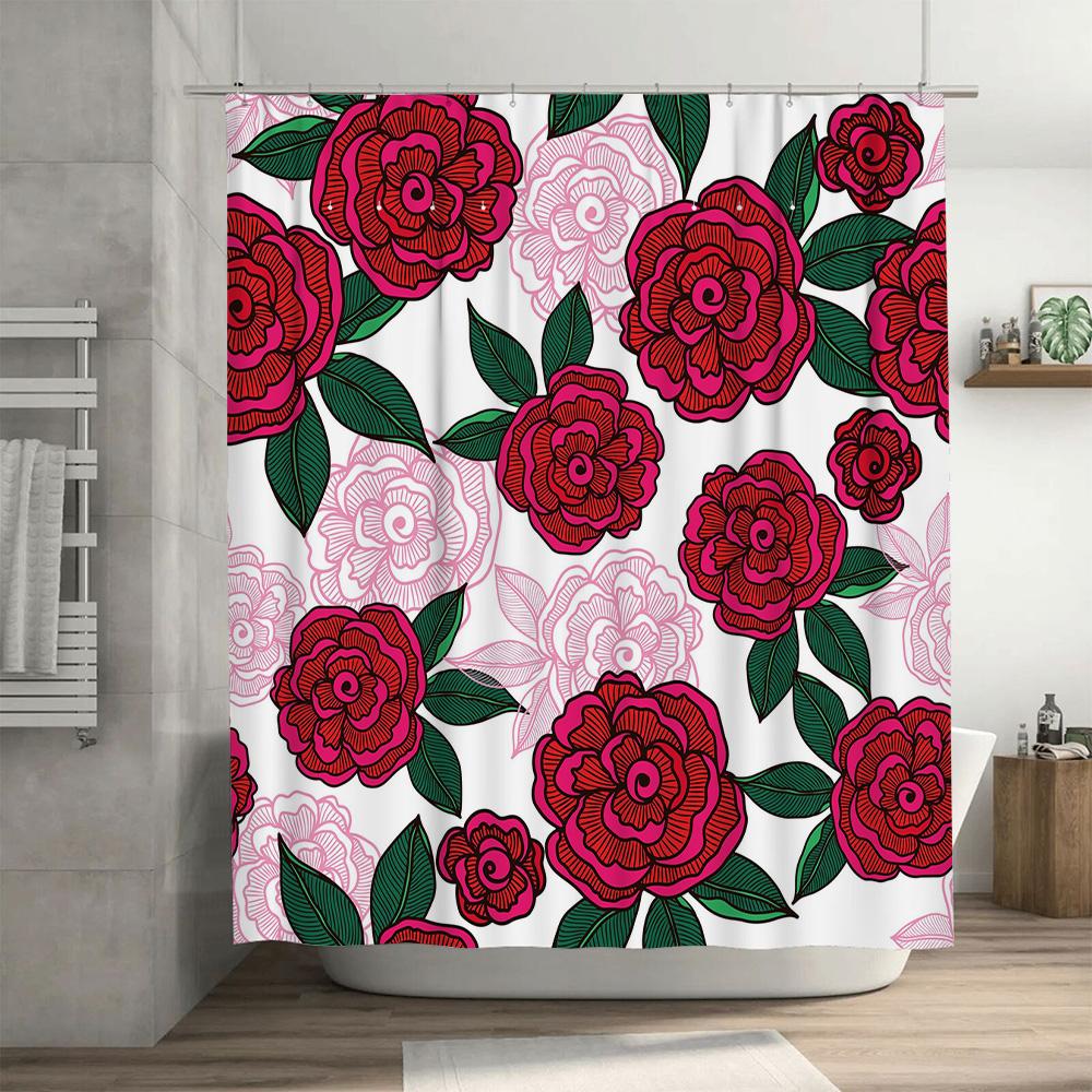 Vintage Floral Shower Curtain, Retro Decorative Bath Matting Waterproof Fabric Print Bathroom Accessories Pink Red Blossoms 3D D