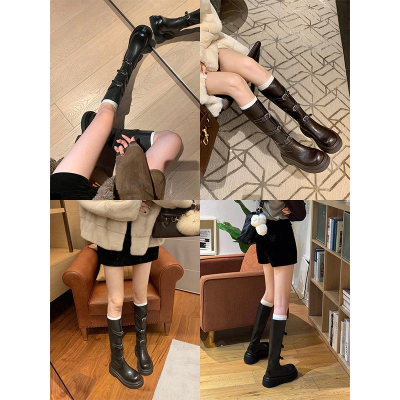 Cowhide version~ Grape mother has the same fashionable belt buckle long knight boots round head thick sole versatile medium tube short boots for women
