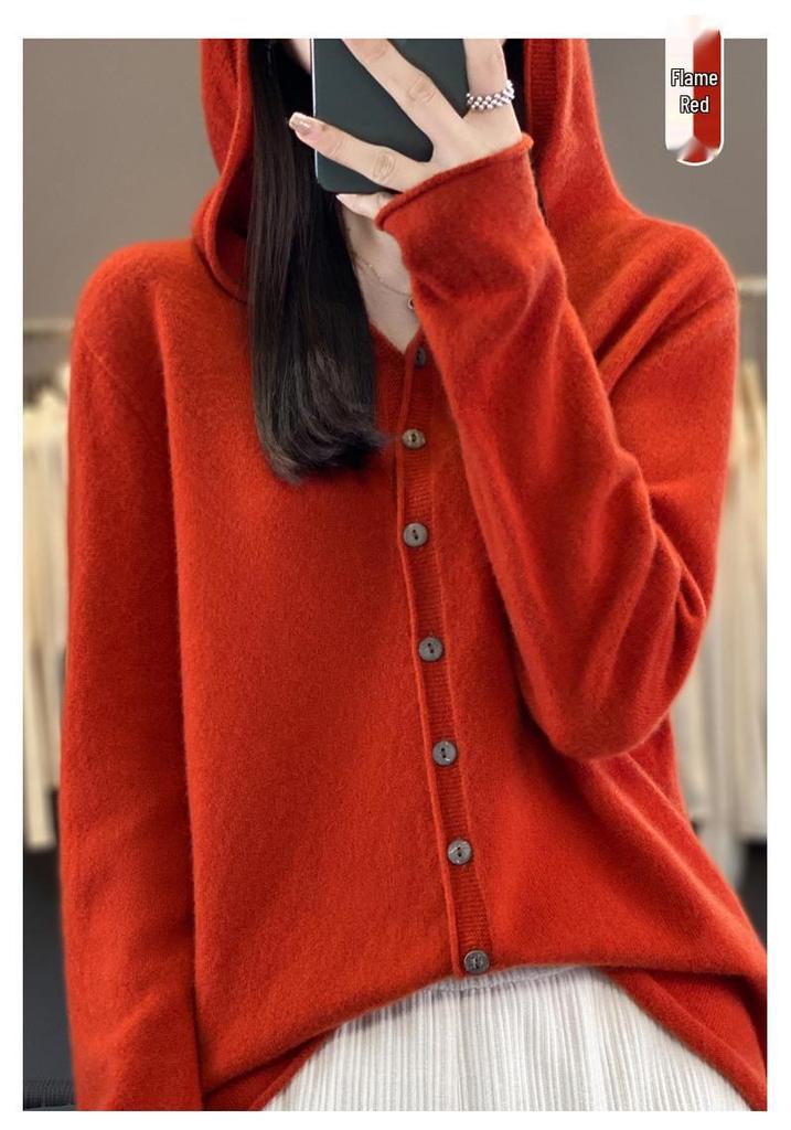 Women's 100% Wool Hooded Cardigan - Versatile Autumn/Winter Pure Color Knit Jacket