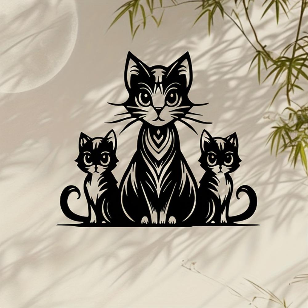 Vintage Metal Wall Art Mother Cat Kittens Striped Fantasy Silhouette Geometric Pattern Living Room Decor Gift for Cat Lovers