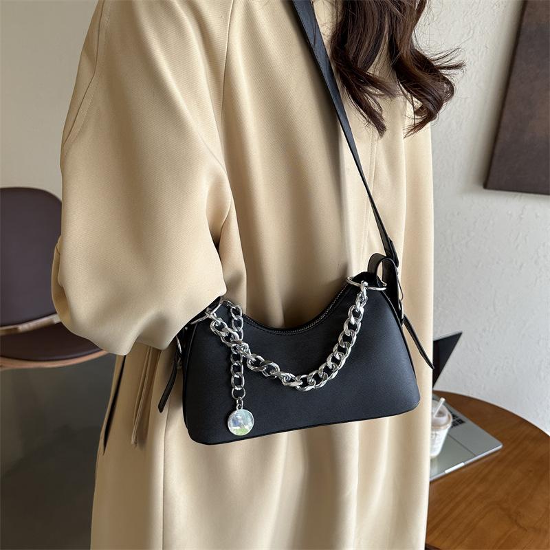 Autumn popular simple fashion 2025 trend casual solid color PU casual shoulder denim armpit crescent bag women