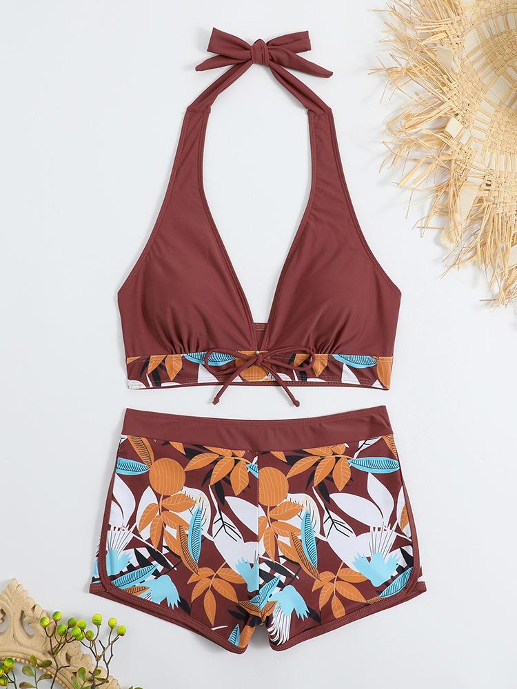 Costum de baie bikini multicolor cu imprimeu, cu șnur și croială plată pe picior pentru femei