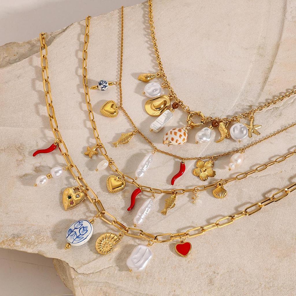 Jieding Stainless Steel Pearl Heart Necklace - Elegant Drip Oil Clavicle Chain with Titanium Steel.