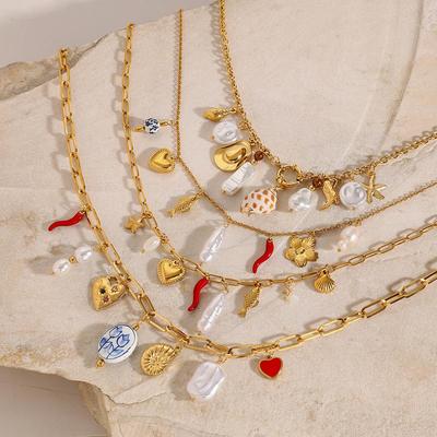 Jieding Stainless Steel Pearl Heart Necklace - Elegant Drip Oil Clavicle Chain with Titanium Steel.
