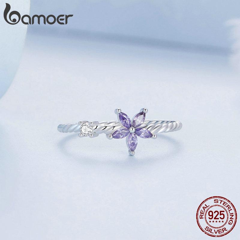 Bamoer 925 Sterling Silver Delicate Purple Zircon Dainty Flower Ring for Women Simple and Fashionable Rings