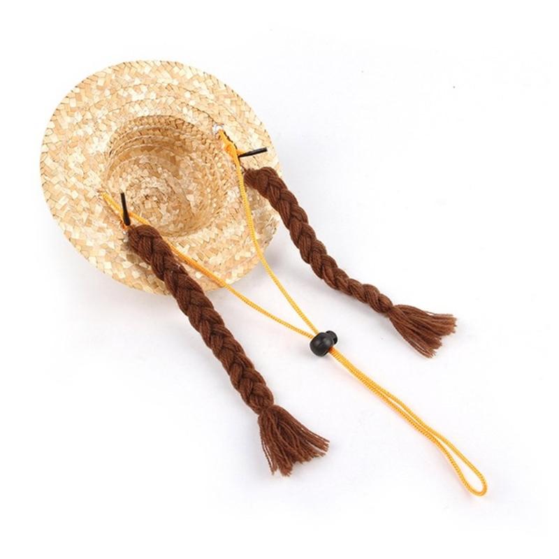 Puppy Straw Hat Dogs Sunbonnet with Braids Supplies Headwear Devil Hat Summer Hat with Strap Belt Photo Props