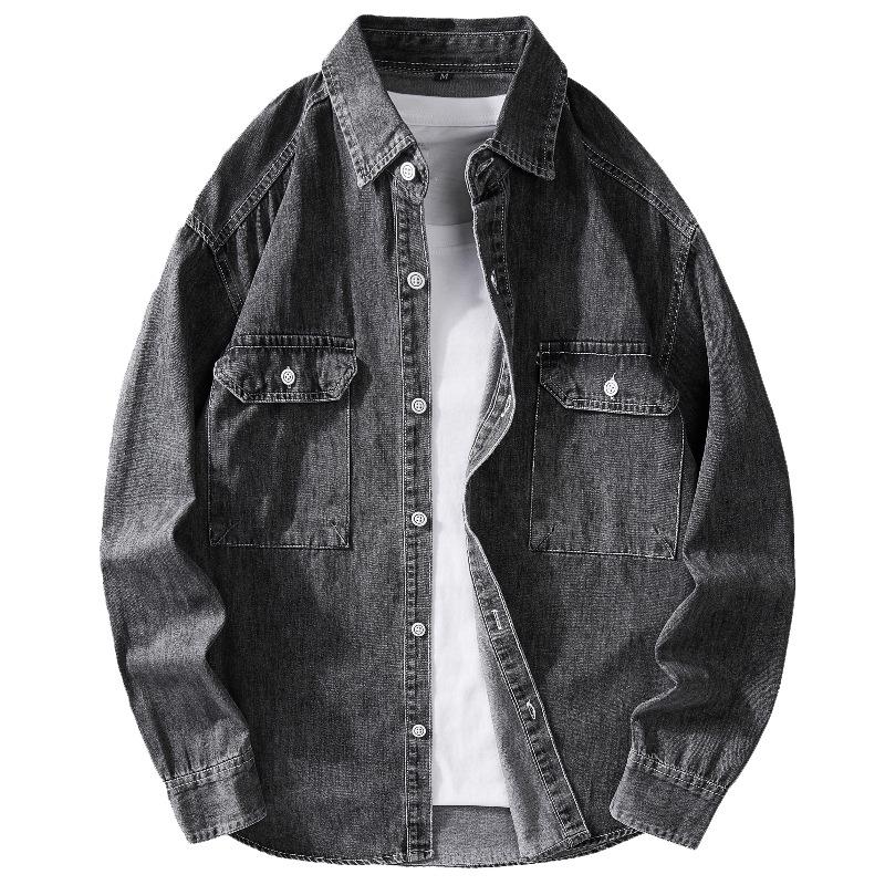 Men's Japanese Retro Washed Denim Jacket - Long Sleeve, Trendy, Plus Size, Loose Workwear Shirt
