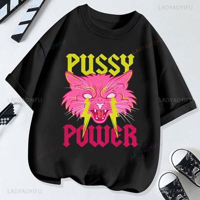 Pussy Power Shirt Demon Kitty Graphic Cat Eyes Unisex 100Cotton Short Sleeve Casual Printed Tees Camisa Funny Humor Style Tops