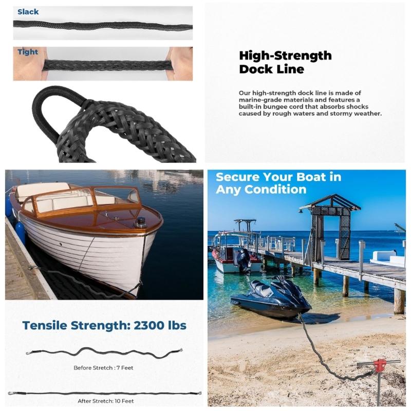 Shore-Side Mooring Rope for Small Boat Stops, Elastic Dock Line Set with Beach Stake and Quick Clip Connection