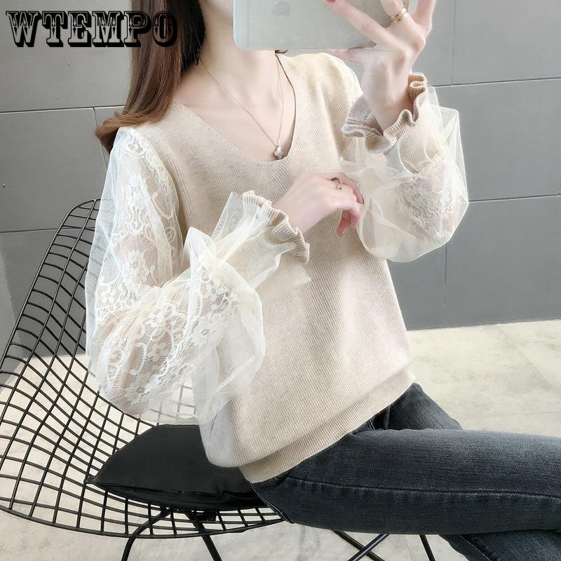 Women's Knitted Shirt Thin Lace Sleeves Low Collar Top Loose Outer Wear Bottom Inner Sweater