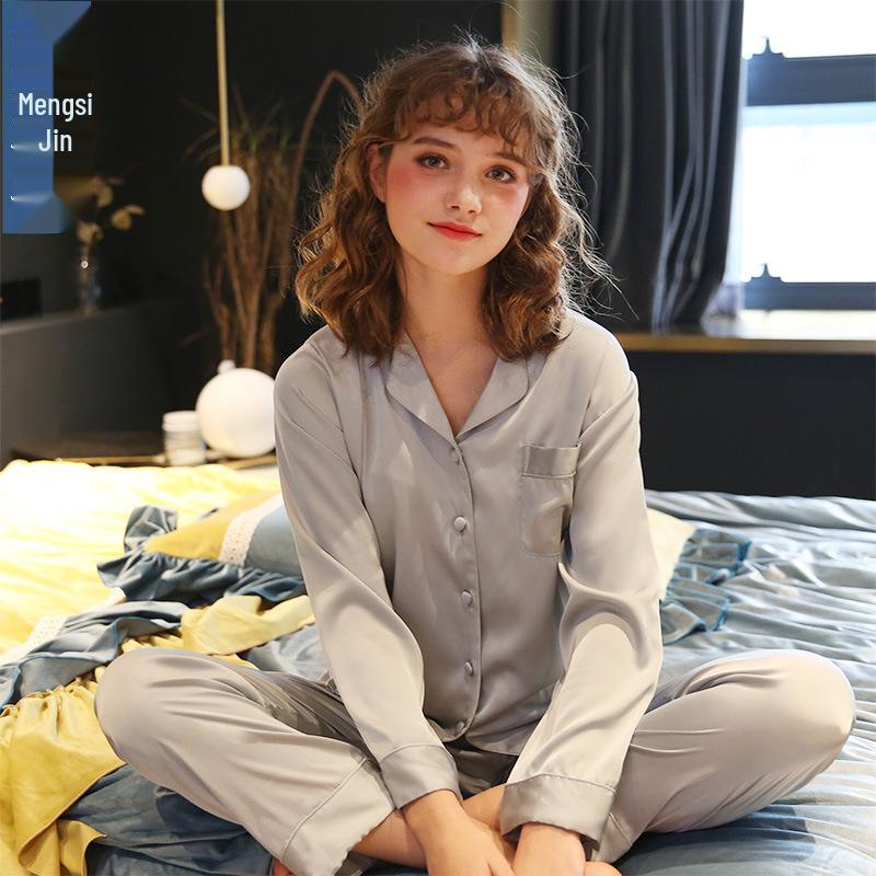 Silk Couple Pajamas Set: Women s Autumn Ice Silk & Men s Long Sleeve Homewear XXXL