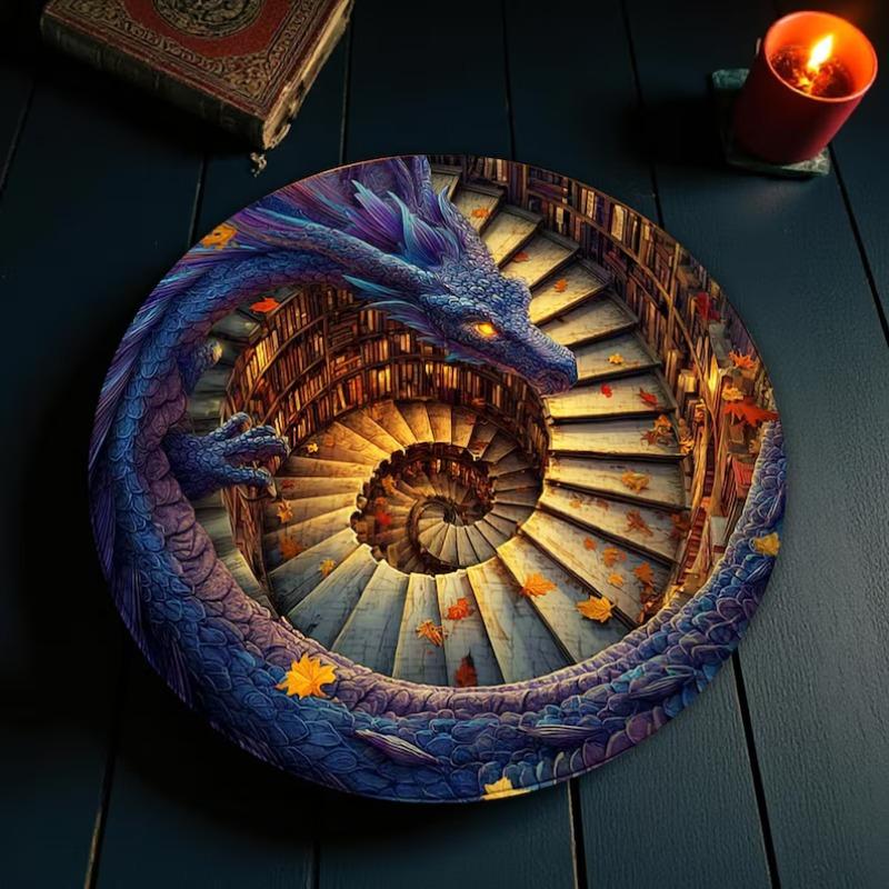 Epic Fantasy Dragon Rug Purple Serpent Coiled on Spiral Staircase Circle Carpet An Entrance To Another World Autumn Leaves Decor