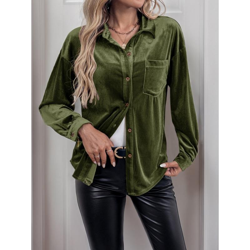 VEZFAA Women's Fashion Casual Spring Autumn Solid Color Print Long Sleeve POLO Neck Blouses & Shirts