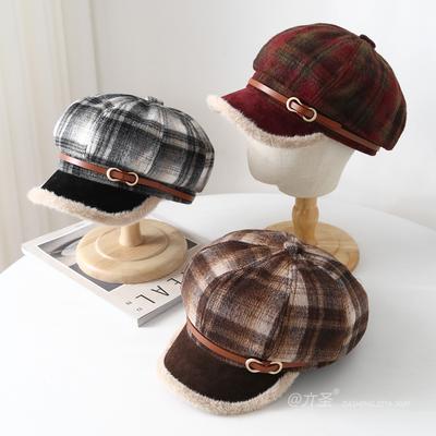 Plaid Octagonal Women'S Berets Vintage Beret Retro Fashion Winter Hat With Belt Faux Fur Brim Cap