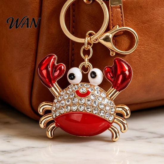 Zinc Alloy Keychain Charm Pendant Sparkling Rhinestones Inlaid Crab Design Key Anti-oxidation Holder with Lobster Clasp Lightweight Car Bag Accessory