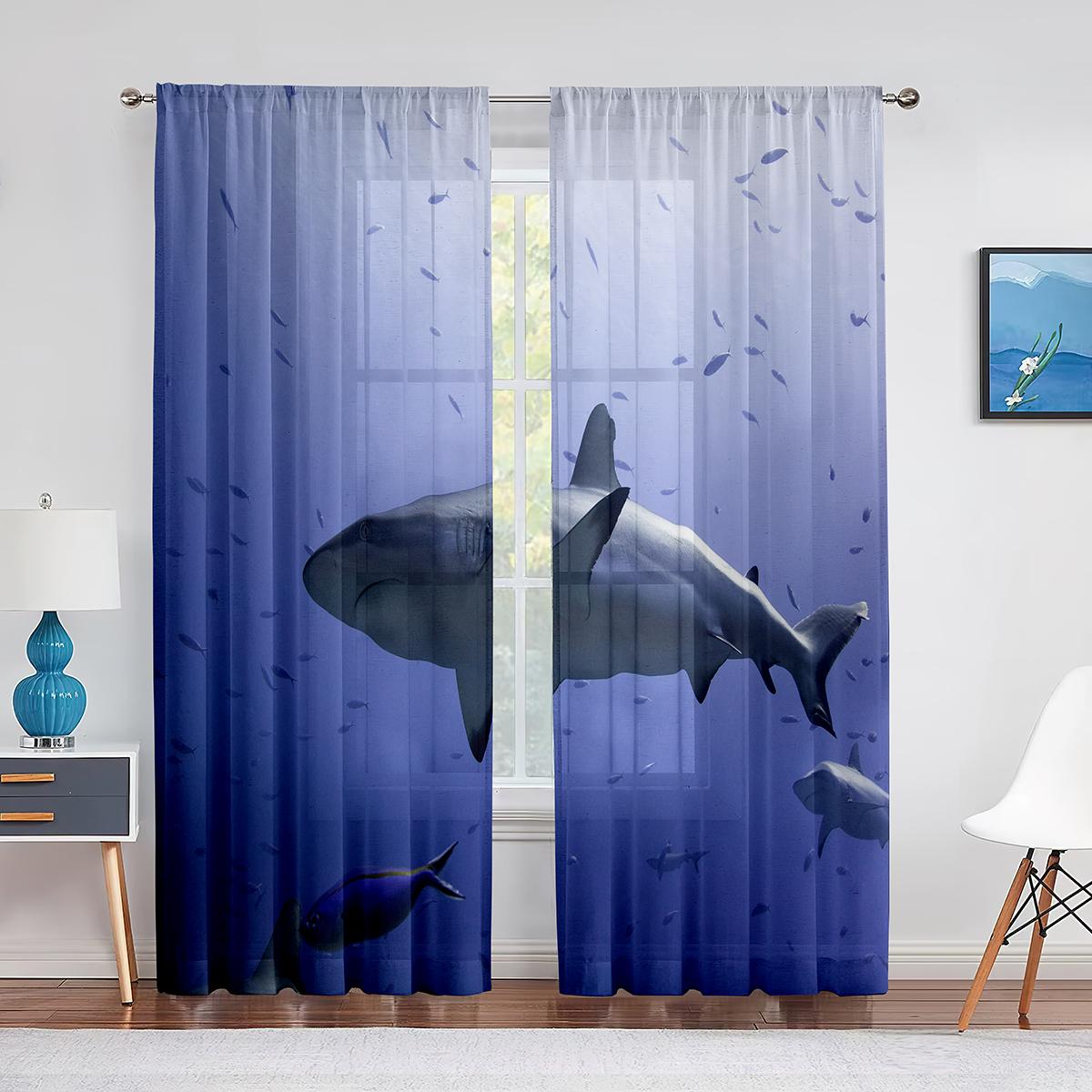 3D Акула Рыба Океан Морская Тема Прозрачная Вуаль Шторы для Гостиной Окна Шифоновые — фото 6