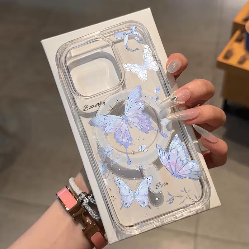 

Light Purple Gradient Butterfly Wireless Charging Magnetic Case for iPhone 17 Air 16 15 14 13 12 11 Pro Max Acrylic Hard Cover iPhone 11