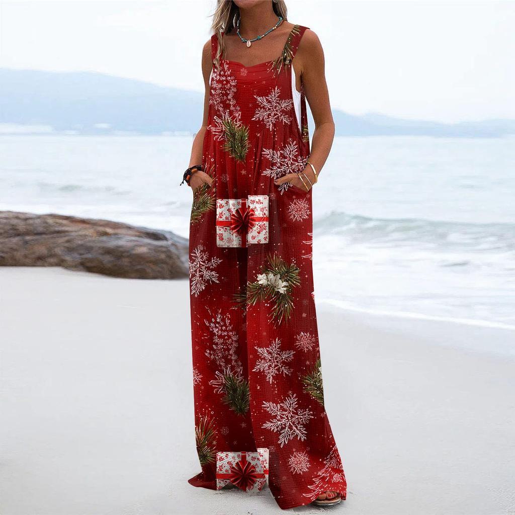 Women's Christmas Print Solid Wide Leg Strapless Tank Pocket Casual Onesie