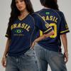 Women Brasil 00 Soccer Jersey Retro V-Neck Short Sleeve Breathable Mesh Loose Fit Y2K Streetwear Casual Football Shirt