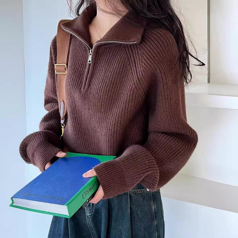 Women's Autumn and Winter Loose and Thickened Design Sense High Neck Zipper Solid Color Knit Short