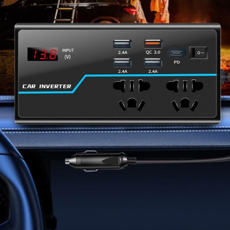 Portable Car Inverter Converts 12V/24V  to 110V/220V  with Voltages Display Compact Vehicle Inverter Simple Operate