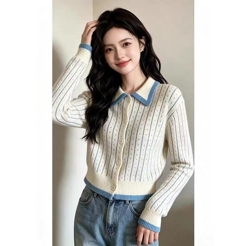 Zuose Women's Striped POLO Collar Knit Cardigan