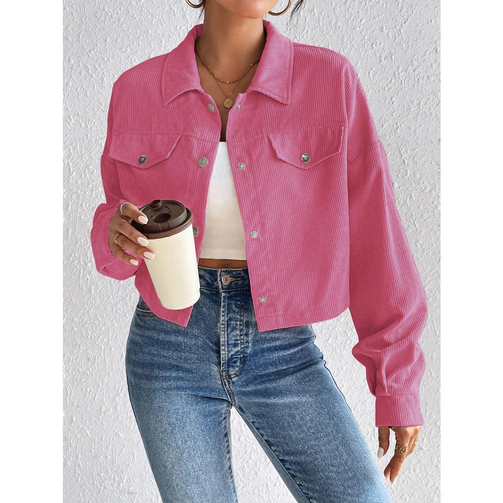 Temperamentní úzký krátký kardigan na zip s klopou a manšestrovou bundou