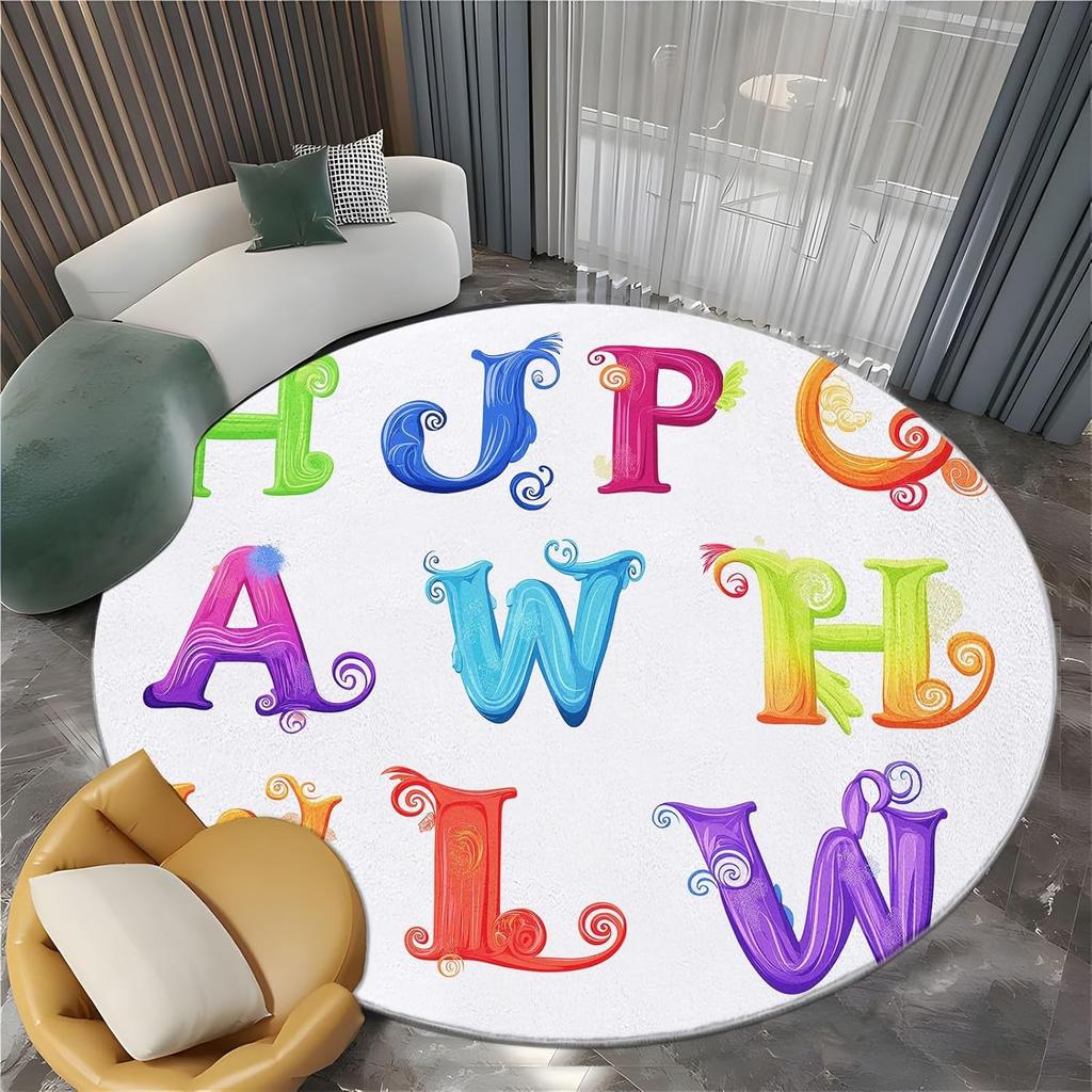 Modern Cartoon Letter Texture Print Round Area Rug,White Washable Carpet Runner - Non Slip Circle Rug Carpet Absorbent Mat for