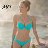 Sexy Bathing Suit Women Solid Color Bikini Set, Summer Two Piece Swimsuit, Halter Tie Underwire Top Slimming Beachwear & High Cut Bottom, for