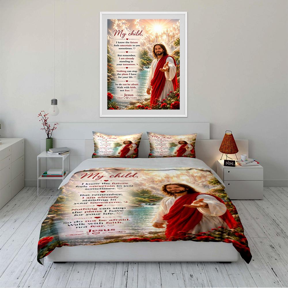 Religious Bedding Set with Jesus Print Bedding Set (1 Duvet Cover, 2 Pillowcases, Duvet Not Included)