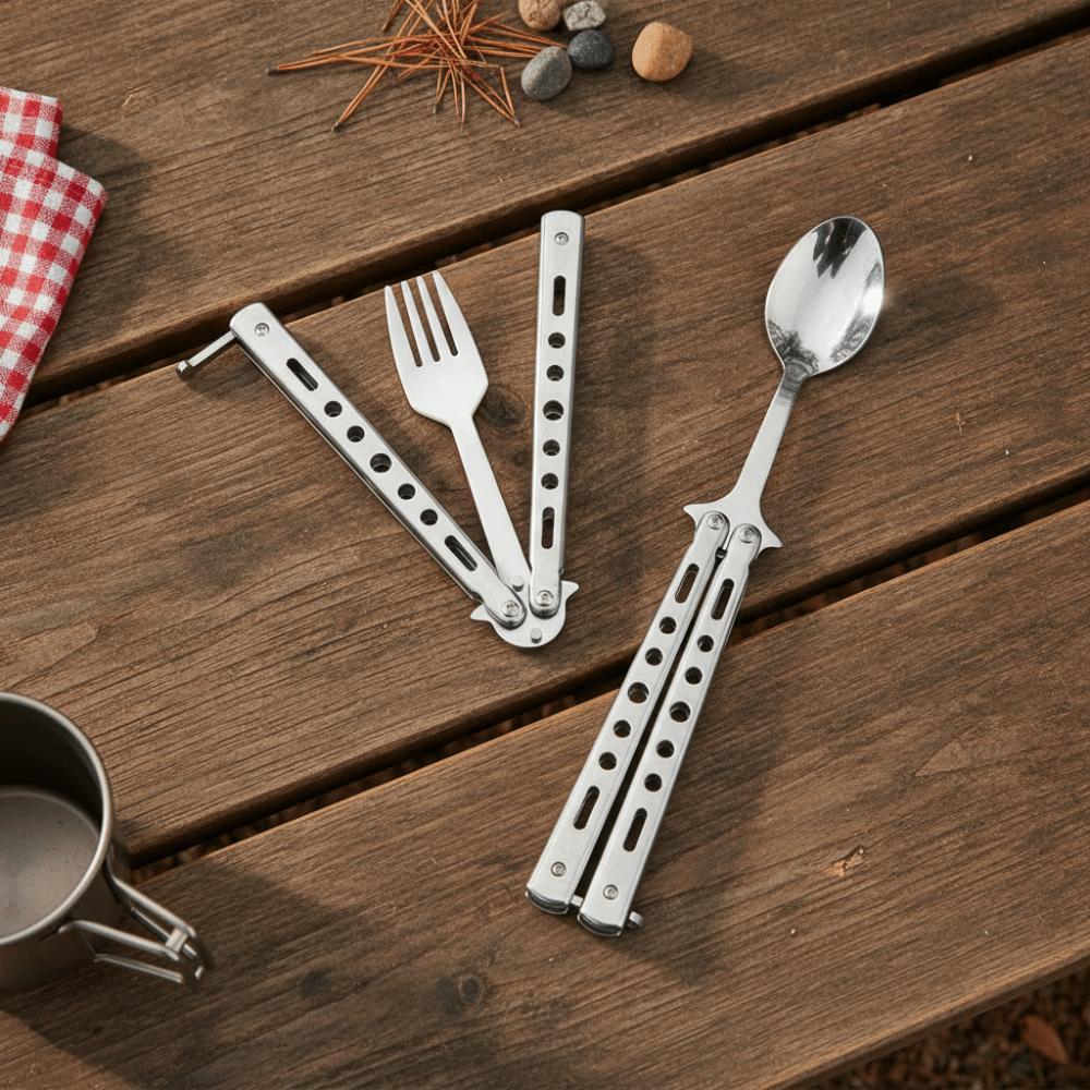 Stainless Steel Butterfly Cutter Style Folding Spoon Rust-proof Portable Spoon Forks Outdoor