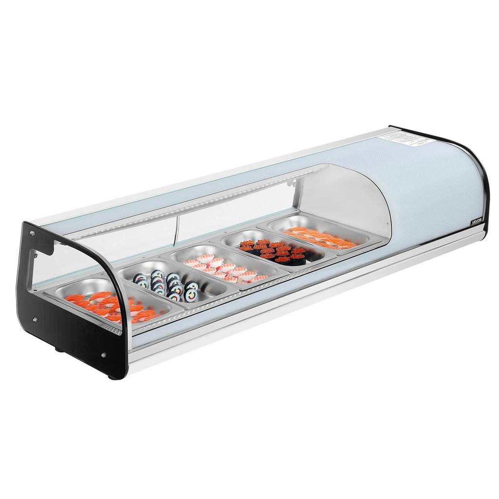 VEVOR Sushi Display Case Refrigerator, 52L Commercial Sushi Case, 5-Pan Countertop Showcase with Curved Glass, LED Lighting