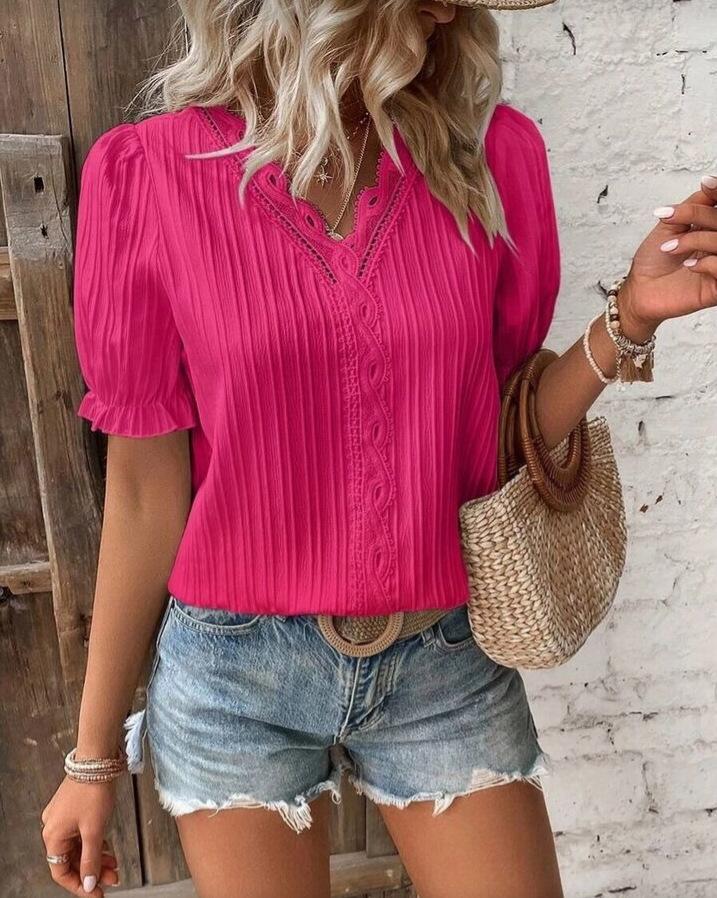 

Летняя мода, ажурная женская рубашка с коротким рукавом Extra Large розы красного