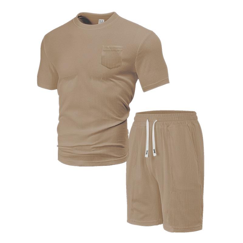 Mens Casual Waffle Knit Short Sleeve T Shirt And Drawstring Shorts Set